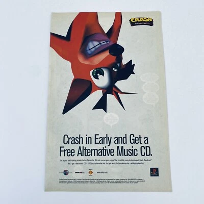 Crash Bandicoot PS1 Sony PlayStation Juego Promo Póster Años 90 Raro Anuncio Impreso Foto 1 de 4