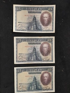Lot Of 3 1928 Spain Madrid 25 Veinticinco Pesetas Vintage Paper Money Banknotes - Picture 1 of 19