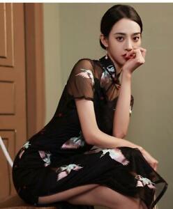 Women Ethnic Long Cheongsam Retro Traditional Young Lady Elegant Lace Slim Dress