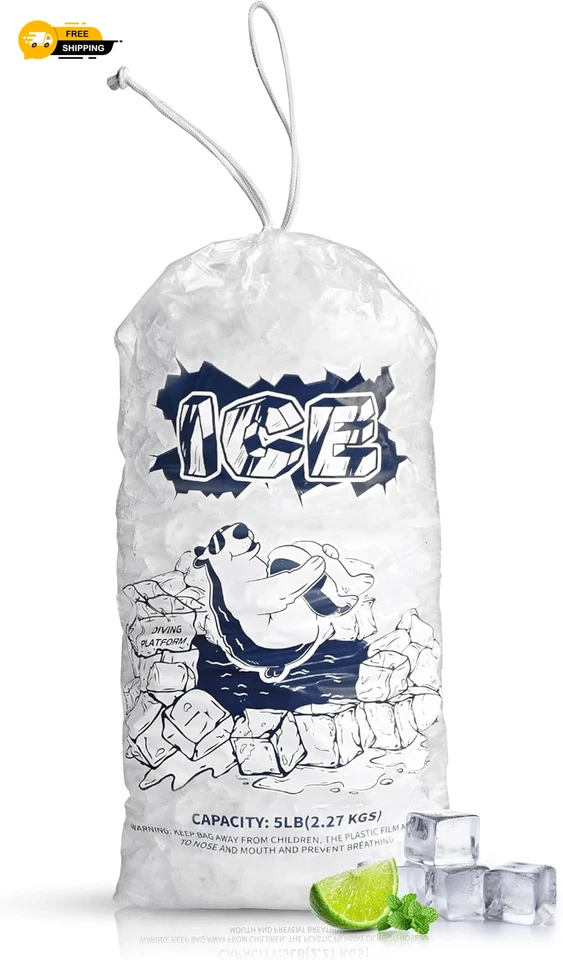 Ice Bags 5Lb with Drawstring 50 Pack Plastic Ice Bags for Ice Storage BD-003