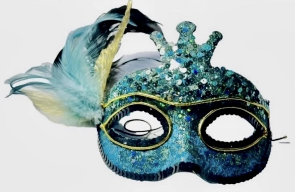 VINTAGE Mardi Gras Sequins & Feathers Masquerade Eye Mask [Turquoise Blue] - Image 1 of 4