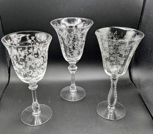 Fostoria/Tiffin Set Of 3 Etched Curated Collection Water Gobets 1940-60s Floral - Picture 1 of 24