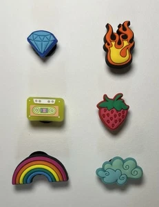 Crocs Jibbitz Shoe Charms Cassette Tape Diamond Fire Strawberry Rainbow 6pc Lot - Picture 1 of 2
