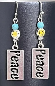 Etched Silver Peace Sign Dangle Earrings. Turquoise and Daisy. Boho Chic. - Picture 1 of 3