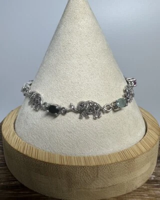 925 Sterling Silver Ruby Emerald Sapphire Elephant Marcasite Bracelet 7.5” - Image 1 of 4