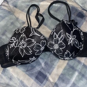 Native Intimates black sexy Light padded push up bra size 36C Floral Silver VTG - Picture 1 of 13