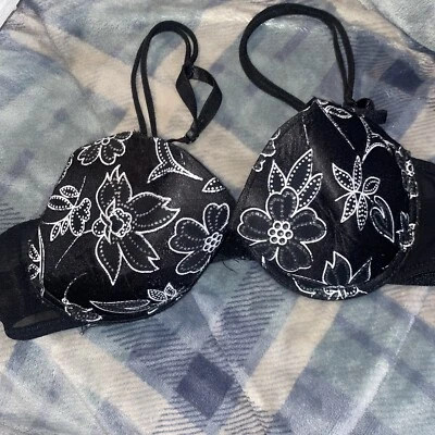 Native Intimates black sexy Light padded push up bra size 36C Floral Silver VTG - Image 1 of 4