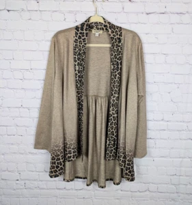 One World Cardigan Womens 1X Brown Animal Print Open Front Hi Low Hem Stretch - Picture 1 of 12