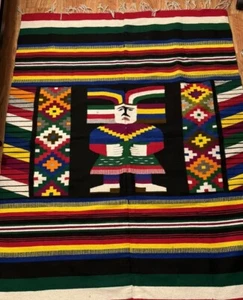 Vintage Maya Azteken Zapoteken Wolle handgewebt Wolle Decke/Teppich/Wand 51x74 gestreift Boho - Bild 1 von 10