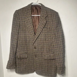 Harris Tweed Sport Coat Mens 46 Brown Green Blue Houndstooth Wool Retro Blazer - Picture 1 of 9