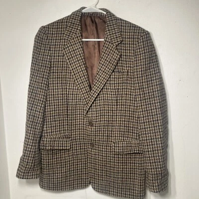 Harris Tweed Sport Coat Mens 46 Brown Green Blue Houndstooth Wool Retro Blazer - Image 1 of 4