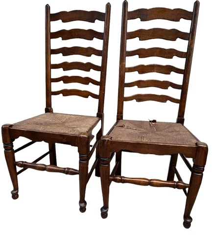 1920s Ladder Back Chairs Oak Wood With Woven Rush Seat - Set of 2 Cover