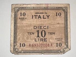 WWII 1943-A Allied Military 10 Lire Note Italy A69320008A Occupation Currency - Picture 1 of 2