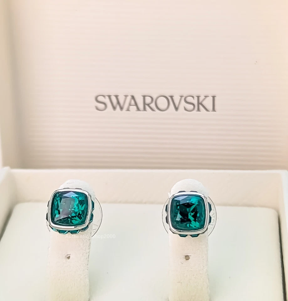 Swarovski Birthstone stud earrings Square cut May Green Rhodium Finished