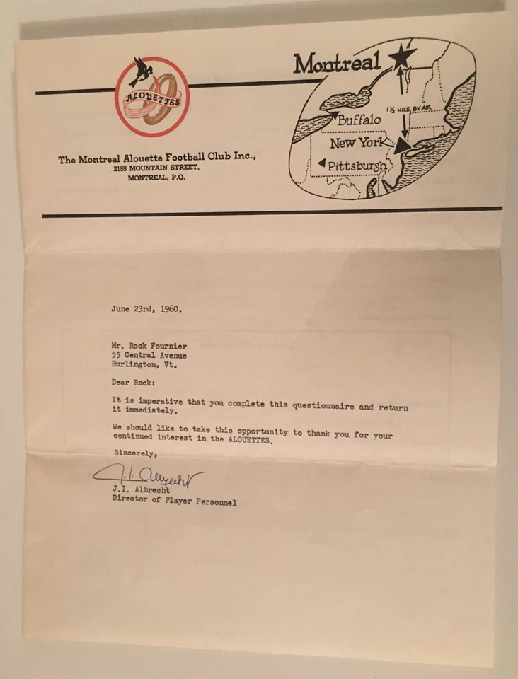 1960 Montreal Alouettes CFL Canadian Football League 4 Page Player Questionnaire - Image 1 of 4