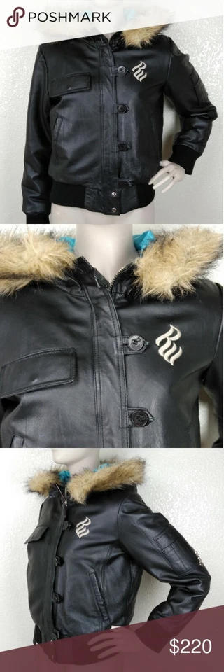 Ladies Rocawear Genuine Leather Bomber Jacket Fur Hood - Image 1 of 1