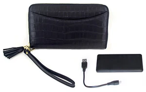 Power Pochette Leather Wallet with RFID and Built In 3000mAh Power Bank Black - Picture 1 of 4