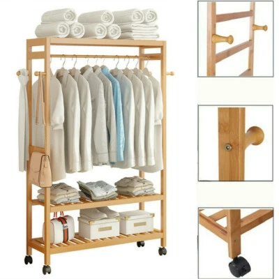 Holz Kleiderschrank Kleiderständer Garderobeschrank Rollbar mit Ablagen/Haken DE - Bild 1 von 4