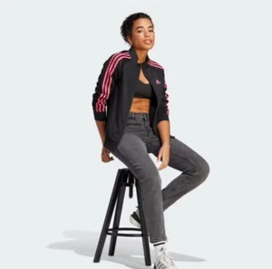 Chaqueta de pista Adidas Essentials Warm-Up 3 rayas para mujer talla S negra y rosa - Imagen 1 de 7