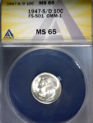 1947s/d OMM 1 ANACS MS65 Roosevelt Silver Dime GEM BU Coin CHERRY PICKERS FS 501 - Image 1 of 4