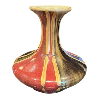 Vintage Fluted Genie Vase Porcelain Gold Stripes Red Olive Green 6" - Image 1 of 3