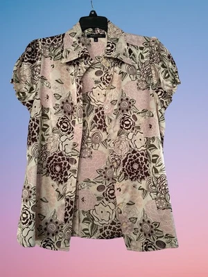BCBG MaxAzria Blusa Floral Manga Corta Mezcla Seda en Rosa y Marrón Talla M Foto 1 de 4