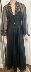 Vtg 60s 70s Glydons M Black Lace Lingerie Dress Nightgown Robe Peignoir Set S M - Picture 1 of 13