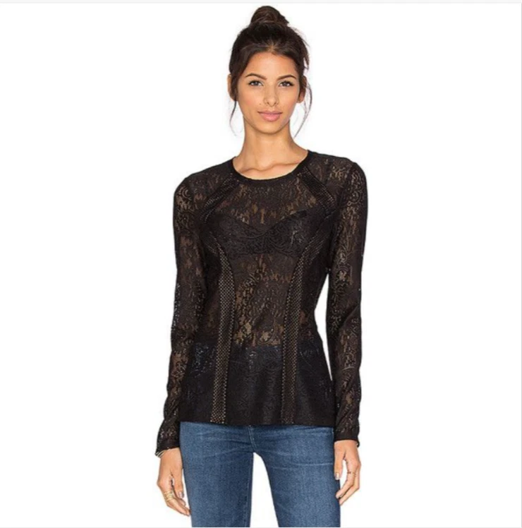 Top manga larga BCBG MAXAZRIA 'Mikayla' negro cachemir encaje transparente | XXS Foto 1 de 4