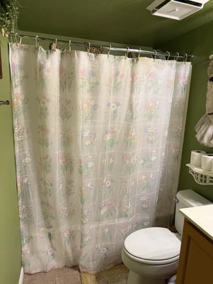  VTG 80a Floral Sheer Shower Curtain Cottage Core Flowers - Image 1 of 4
