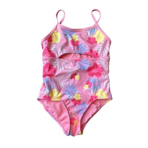Hurley Little Girls Pink Open Mid Drift Ribbed Floral One Piece Swim Suit Sz 4 - Picture 1 of 7
