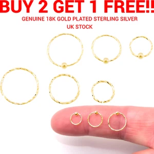 18K Gold Sterling Nose Ring Hoop Tragus Helix Ear Lip Septum Piercing Nipple - Picture 1 of 10