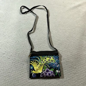 Handmade Black Yellow Green Peacock Embroidered Crossbody Mini Bag EUC - Picture 1 of 6
