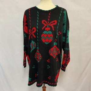 Vintage Holiday Time 14W/16W Black Ugly Christmas Sweater Ornaments Holly 90s - Picture 1 of 6