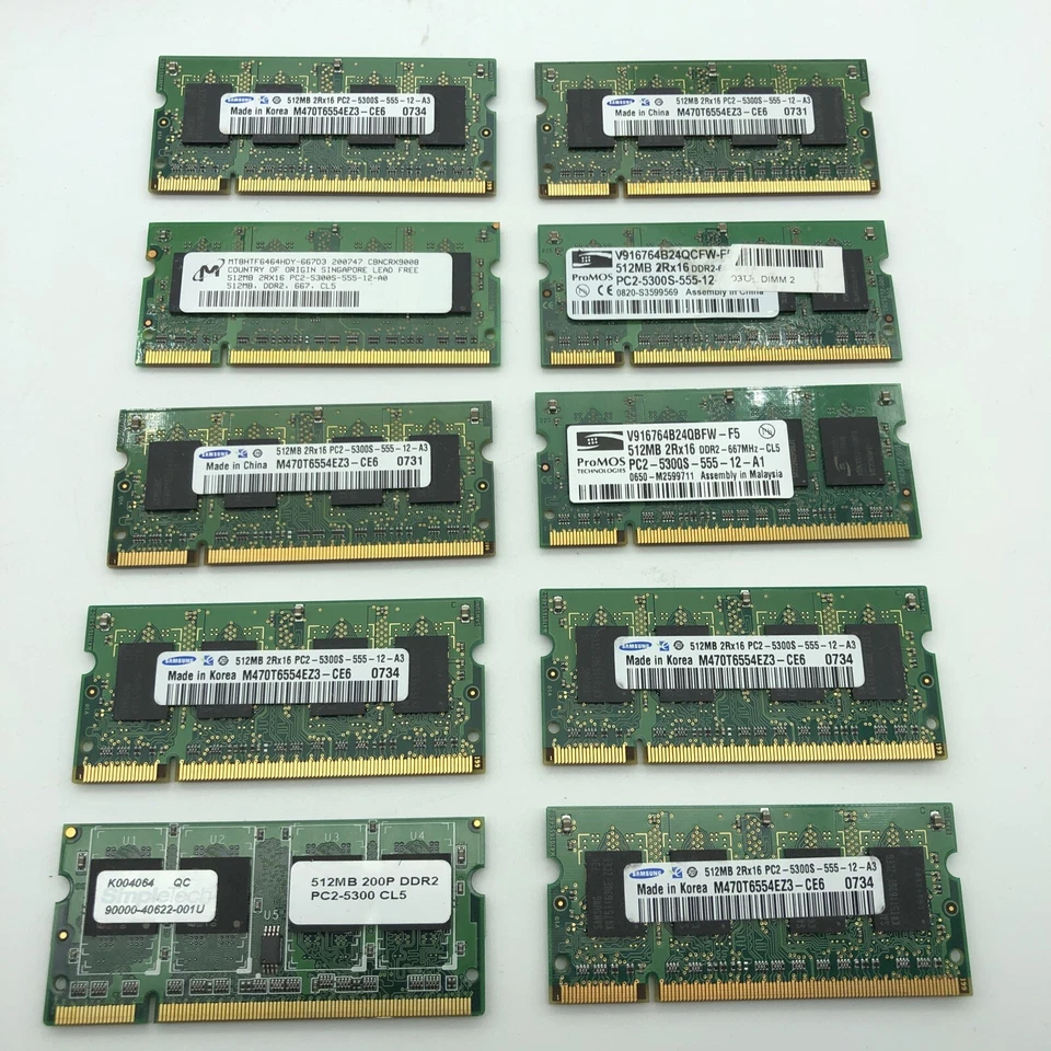 Lot 10 pcs 512MB PC2-5300s PC5300 DDR2 667Mhz 2Rx16 8 SoDimm 200pin Memory  - Image 1 of 4