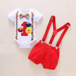 Boy First Birthday Smash Outfit Street Bodysuit Suspenders Clothes Red Monster - Picture 1 of 2
