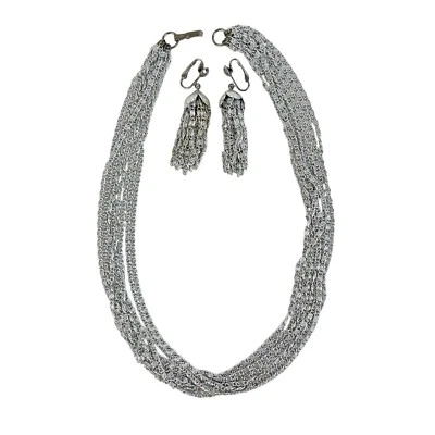 Sarah Coventry Silvery Cascade Necklace Earrings Set Silvertone Multi Strand Vtg - Image 1 of 4