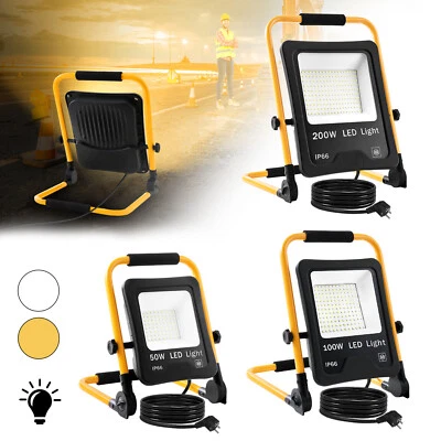 50-200W LED Fluter Flutlicht Baustrahler Scheinwerfer mit Gelb Stativ&Stecker DE - Bild 1 von 4