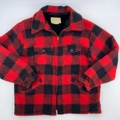vtg MELTON OUTER-WEAR Wool Buffalo Red Plaid Hunting Coat XL Faux Fur Lined zip - Image 1 of 4