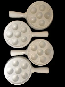 Four Ceramic Bright White Escargot Baking Dishes - Picture 1 of 7