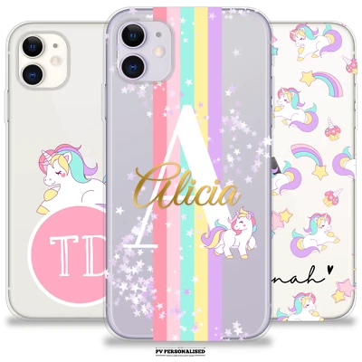 PERSONALISIERTE TELEFONHÜLLE NAME EINHORN KLARE ABDECKUNG FÜR IPHONE 11 PRO 13 12 XR 7 6S - Bild 1 von 4
