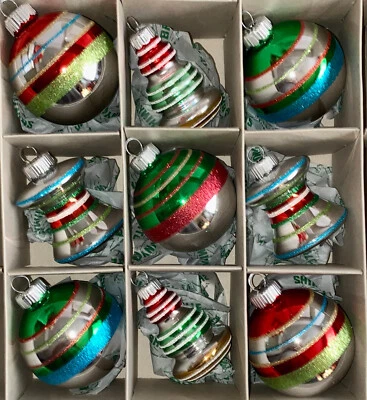 Christopher Radko Shiny Brite 9 Christmas Ornaments Multicolored Retro Style New