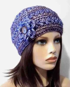 crochet womans handmade flower hat beanie wool blend sapphire marl puffs new - Picture 1 of 3