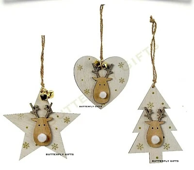 DECORIS Wooden Christmas Tree Decorations Reindeer Tree Star Heart With Jingle Bells