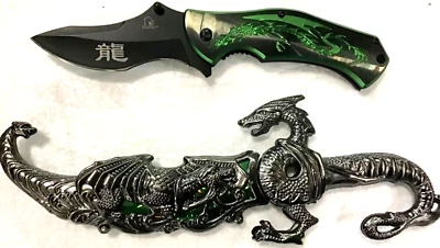 TWO PIECE new assisted pocket knife & Dagger Dragon design stainless steel (DR) - Image 1 of 4