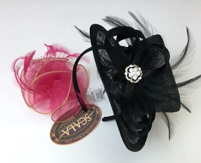 Sombrero Fascinator Scala Negro con Plumas y Clip Fascinator Rosa y Amarillo *JUEGO de 2 Foto 1 de 4