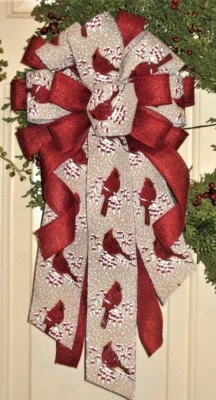TAN w DARK RED CARDNALS WIRED BOW for DOOR WREATH SWAG GARLAND FENCE # 62 - Image 1 of 3