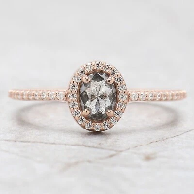 0.52 Ct Oval Cut Salt And Pepper Diamond Ring 14K Rose Gold Engagement Gift Ring - Image 1 of 4