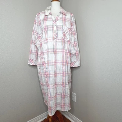 FOXCROFT NWT Dress 24W Collared w Tab Button Front Plaid Crinkle Fabric Wht Pink - Image 1 of 4