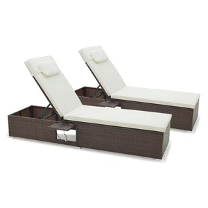 Outdoor PE Rattan Lounge Set of 2 w/6-level Backrest Sturdy Metal Frame Poolside - Picture 1 of 9