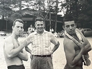 Vintage Snapshot Photo Fit Men in Bathing Suit Shirtless Swimsuit Trunks gay - Picture 1 of 5